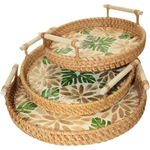Set of 3 Handwoven Rattan Serving Trays, Handmade Wicker Decorative Trays, Boho Storage Trays for Coffee Table, Bathroom Vanity, Bedroom Dresser, Organizer for Perfume, Jewelry, Snacks & Home Decor