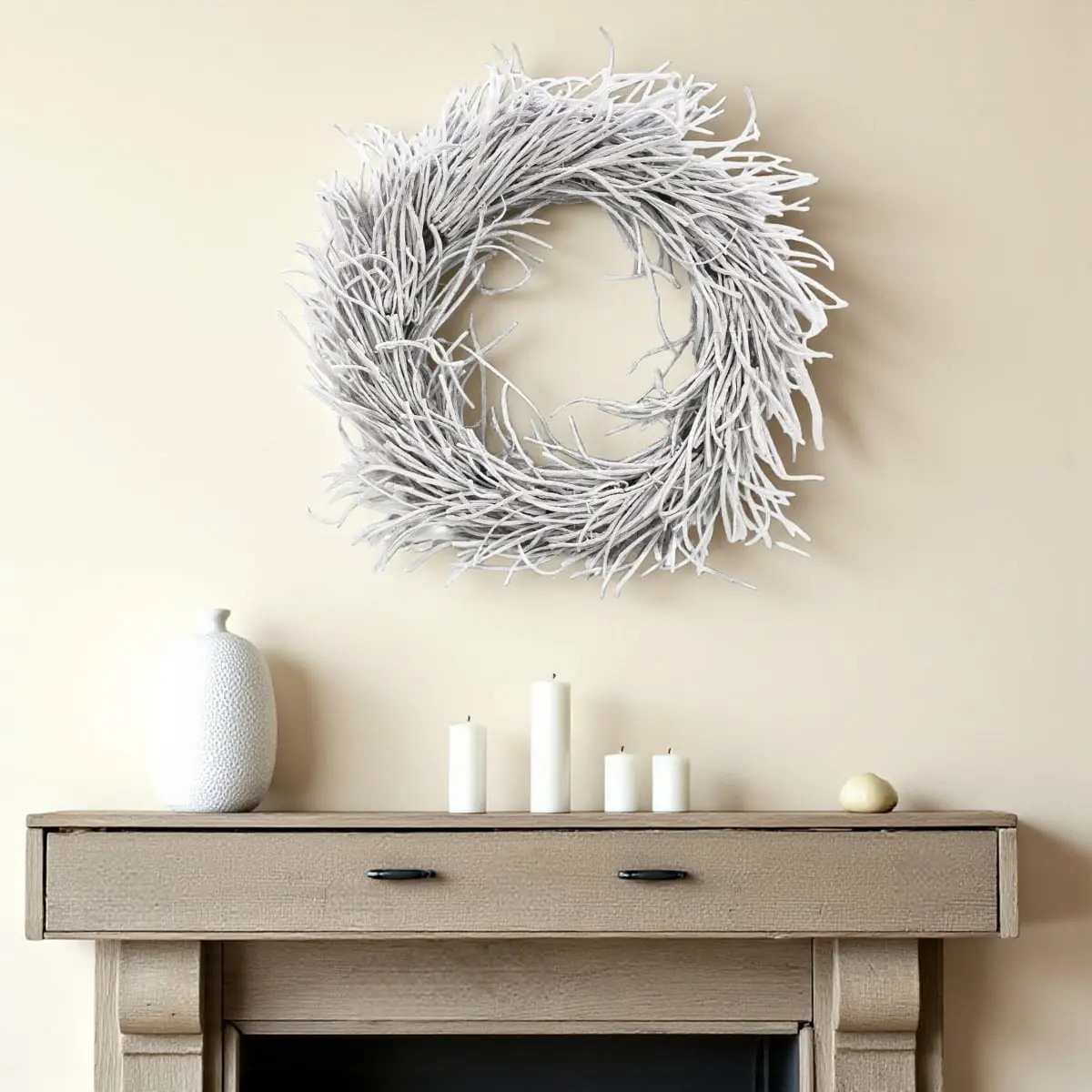 360 Stand 28 in. White Willow Dried Wreath, Handmade Casual Home Decor, Circular Modern Wall Ornament, Festive Gift Option