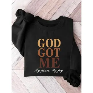 Women’s comfortable casual fashion pullover sweatshirt with “God Got Me” print, loose fit, round neck design—a versatile religious top for everyday wear