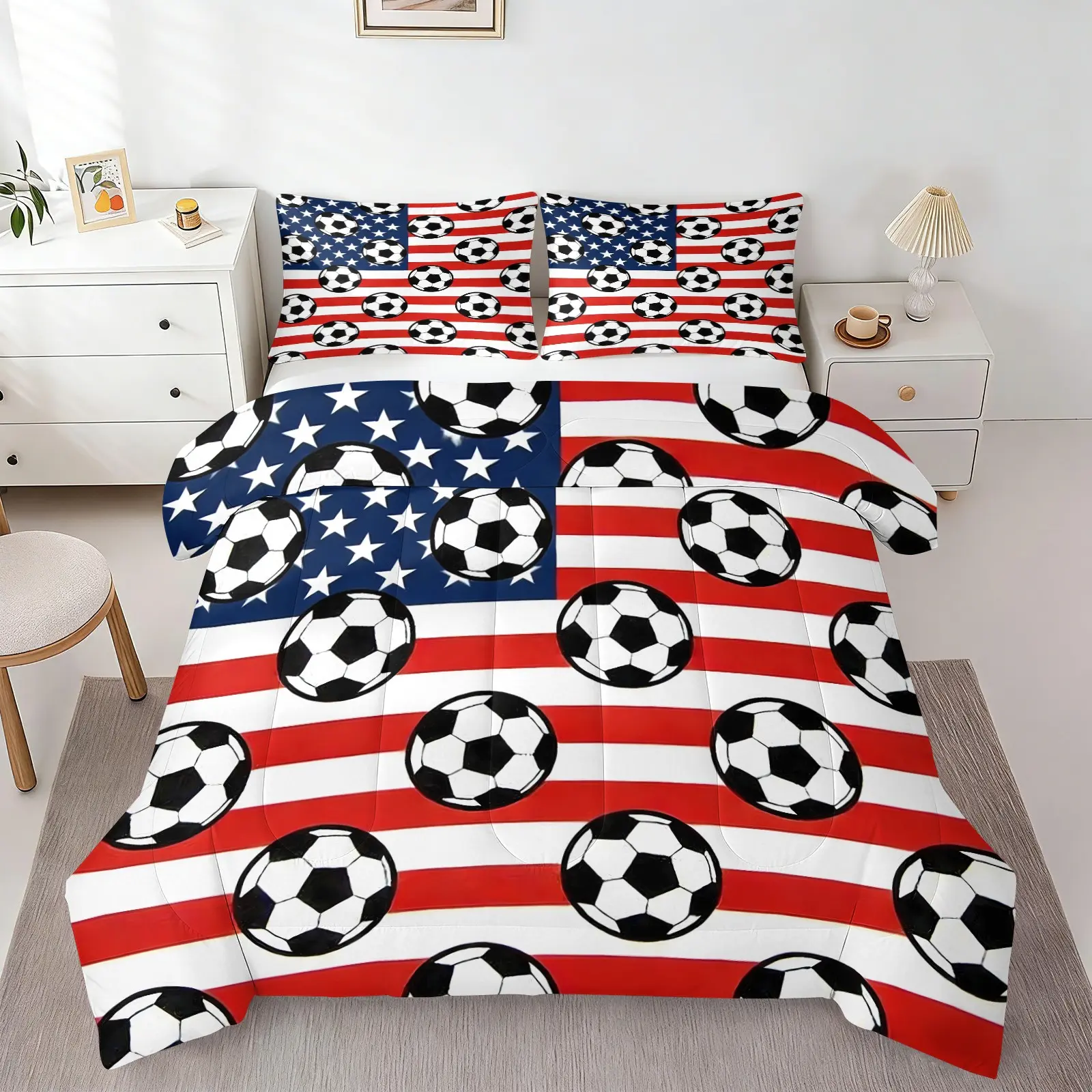 2/3Pcs Soccer & American Flag Print Comforter Set, Patriotic Football Quilt Bedding Set with Pillowcases, Sports Themed Bedspread for Boys Teens, Cool Stars & Stripes Design, Cozy for Bedroom Decor