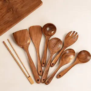 8-Piece Natural Wooden Kitchen Utensil Set, Bamboo Clip, Ergonomic Handle, Heat Resistant, Ideal for Cooking and Baking, Perfect Gift, Wooden Cooking Tools, Cooking Utensils