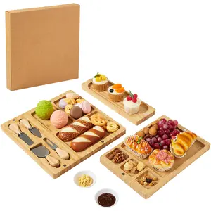 Quality Deli Platter & Cheese Board Set – 3-in-1 Extra-Large Bamboo Deli Platter 25.2"x12.6" with Stainless Steel Knives & 2 Ceramic Bowls – Serve Meat, Cheese, Crackers, Fruit – Ideal Gift