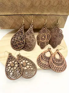 Wooden Hollow Out Design Dangle Earrings, Vintage Style Water Drop Shaped Earrings, Fashion Crafted Jewelry Accessories for Women