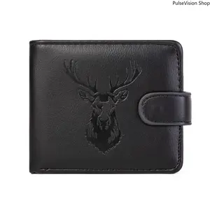Men's Slim PU Leather Billfold Wallet - Black, Deer Design, Horizontal 2-Fold Snap Closure, Multi-Card Slots, Fashion Accessory, Business Style Wallet