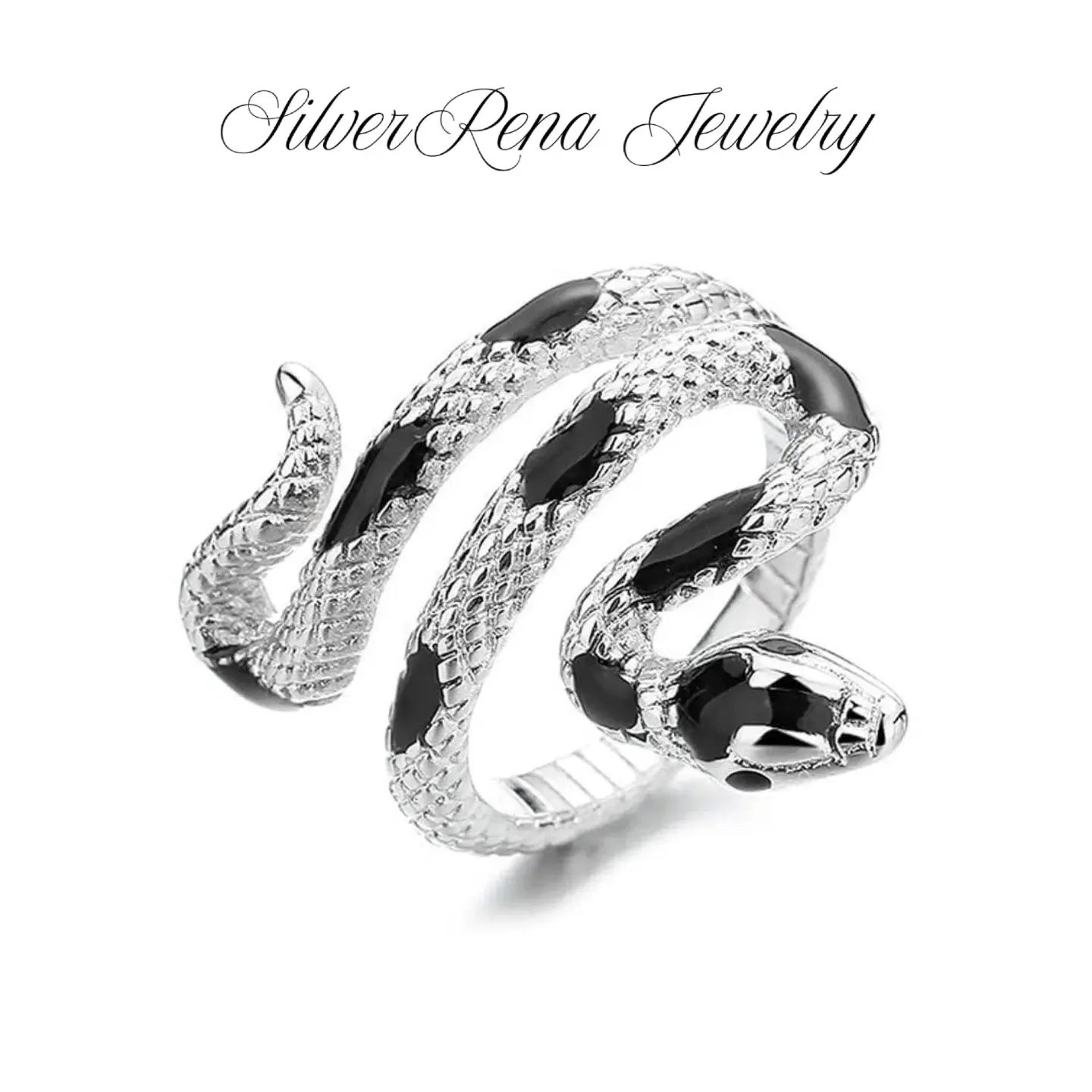 S925 Trendy Black Onyx Inlaid Metal Snake Adjustable Ring, Fashionable Hypoallergenic Jewelry, Unisex Design, Snake-Inspired Style, Perfect for Daily Wear and Party
