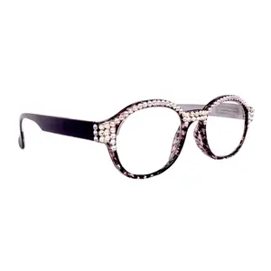 The Alchemist, (Bling) Round Women Reading Glasses W (Full TOP) (Clear) Genuine European Crystals  (Hound tooth, Black) NY Fifth Avenue