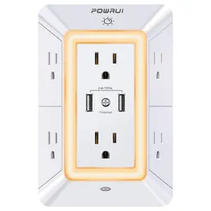 POWRUI USB Wall Charger with Surge Protector and Night Light - 6-Outlet Extender with 2 Charging Ports