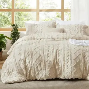 Tufted Boho Comforter Set King Size - Beige Boho Bed Set, GentleSoft 3 Pieces Farmhouse Embroidery Bedding, Gifts for Woman, Soft King Comforter for All