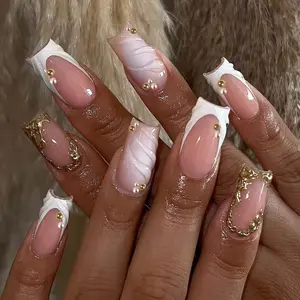 24pcs Clear Nude Base Nail Polish, Textured Finish, Oval Short Nails, Gold Trim, Pearl & Gold Bead Decor, Luxury French Tips