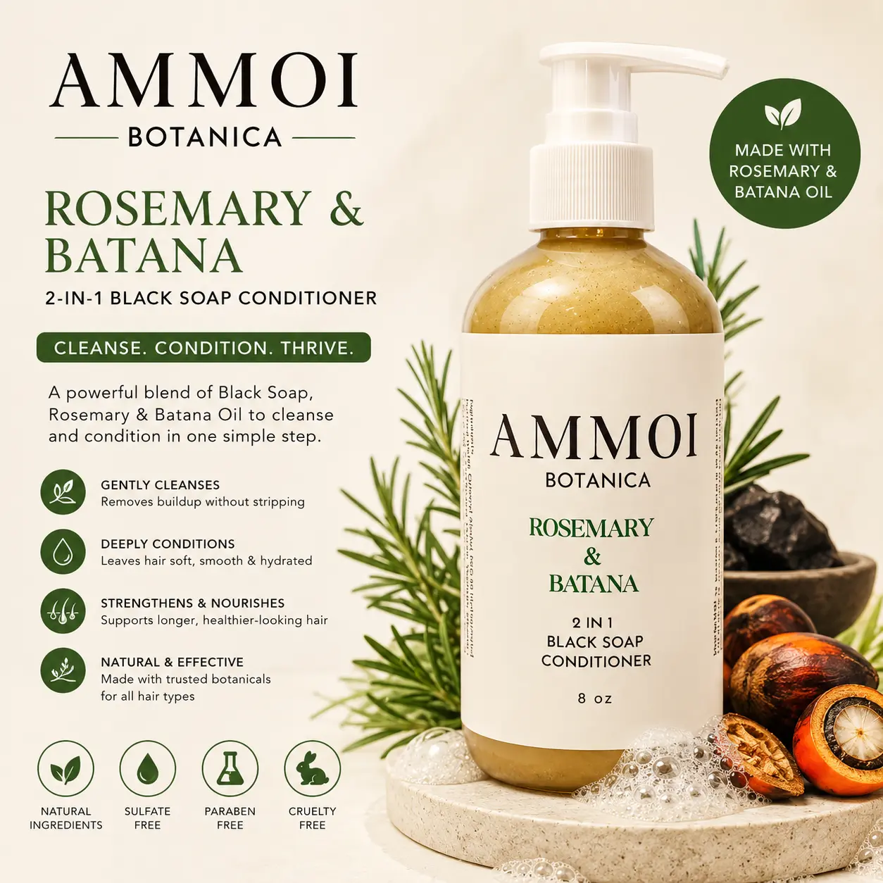 Botanica Rosemary & Batana 2-in-1 Black Soap Conditioner 8 oz - Gentle Cleanse & Deep Condition for All Hair Types