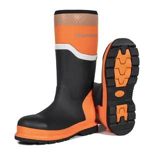 Hunthor Steel Toe Rubber Boots for Men, Safety Reflective Strips, Punctrue-Proof with Steel Shank, Waterproof, Insulated 6mm Neoprene Work Boots for Farming, Manufacturing, Construction (Black/Orange, Size 6-14)