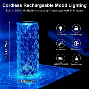 RGB Crystal Table Lamp , Rose Diamond Design Touch Sensor Ambient Light with Remote Control, USB Rechargeable Color Changing Night Light for Bedroom Living Room Party Decor & Gift