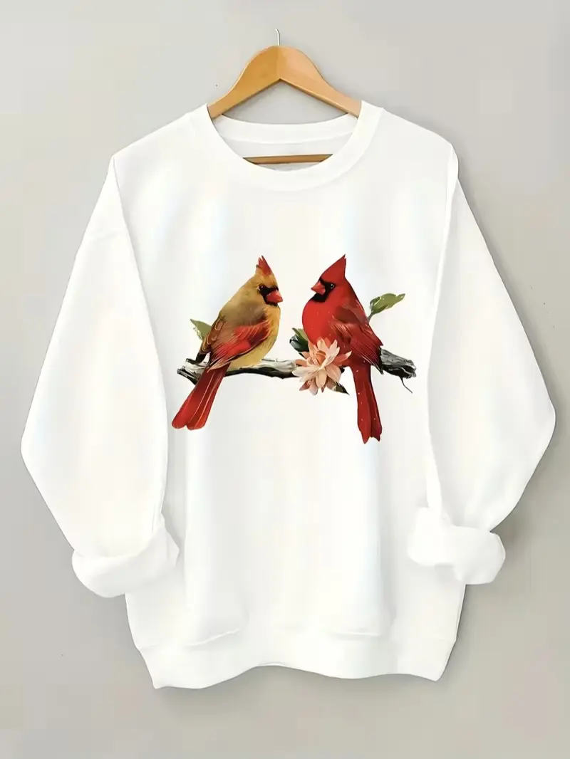 Cardinal Birds Floral Branch Graphic Crewneck Sweatshirt, Wildlife Art Casual Sweatshirt, Casual Daily Outfit, Holiday Gift, Vintage Retro All‑Season Style