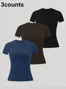 Women's Solid Color Round Neck Sports T-Shirt, High Elasticity Comfortable Fitted Short Sleeve, Breathable Fabric Fitness Top, Gym T Shirts, Summer Activewear
