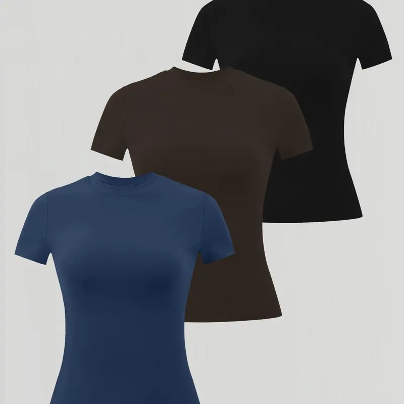 Women's Solid Color Round Neck Sports T-Shirt, High Elasticity Comfortable Fitted Short Sleeve, Breathable Fabric Fitness Top, Gym T Shirts, Summer Activewear, Athletic Tee, Fitness Apparel, Activewear Clothes
