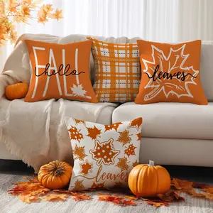 4pcs Thanksgiving Autumn Pillow Cover, Maple Leaf Buffalo Grid Pillow Cover, Decorative Autumn Harvest Cushion Cover, Suitable for Bedroom, Living Room, Sofa, Farmhouse, Bed, Car Decoration Cushion Pillow Cover (No Pillow Core)