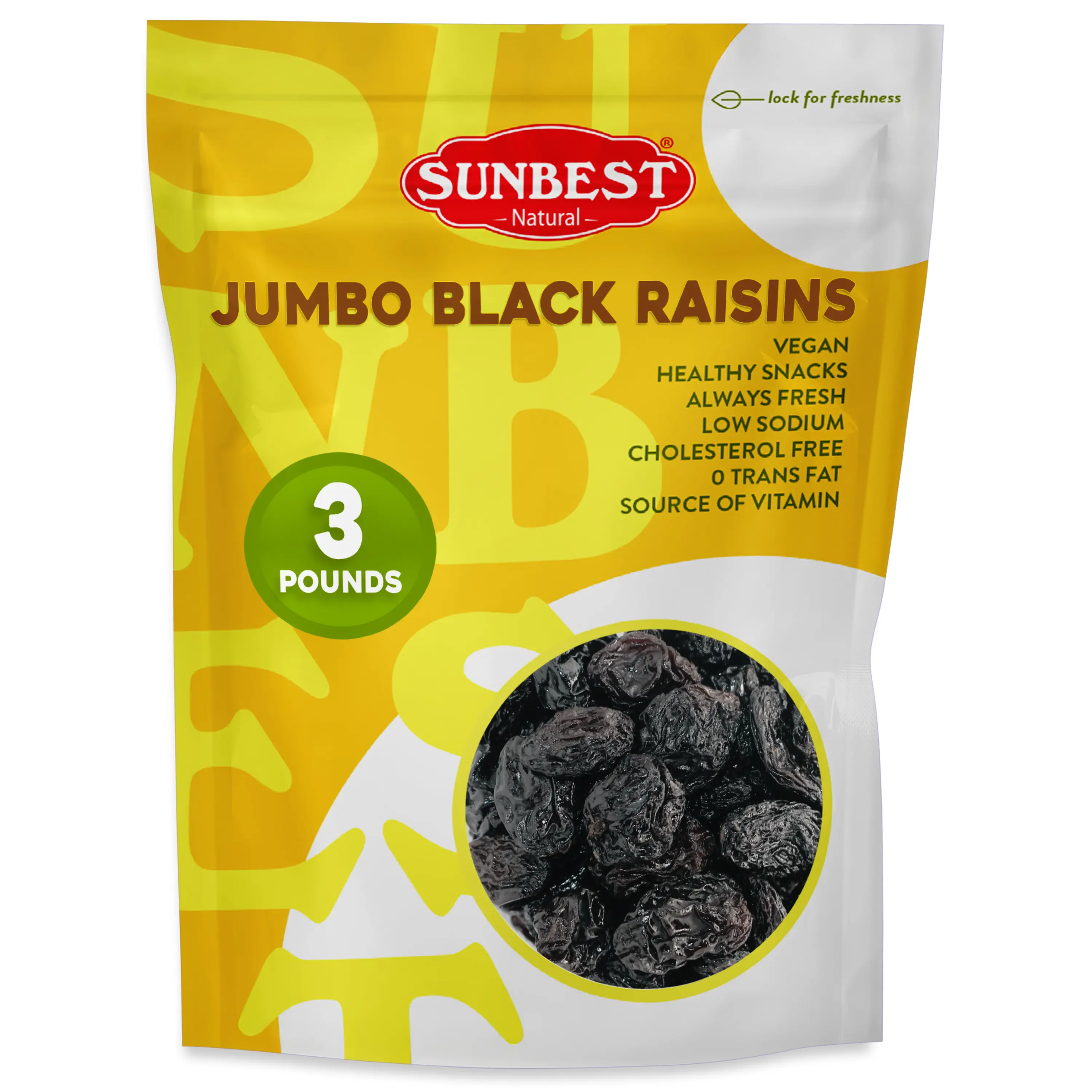 Sunbest Natural Jumbo California Black Raisins - 3lb Bulk Single Bag (48 oz) - Plump, Juicy, Seedless Dried Snack - No Added Sugar, High in Fiber, Iron, Antioxidants - Non-GMO, Vegan, Kosher, USA-Made