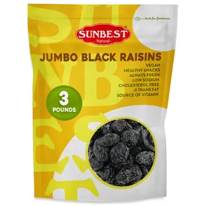 Sunbest Natural Jumbo California Black Raisins – 3 Pounds Bulk Bag (48 oz) – Plump, Juicy & Seedless Dried Raisins – No Added Sugar, All-Natural Black Grapes, High in Fiber, Iron & Antioxidants – Non-GMO, Vegan & Kosher, Product of USA