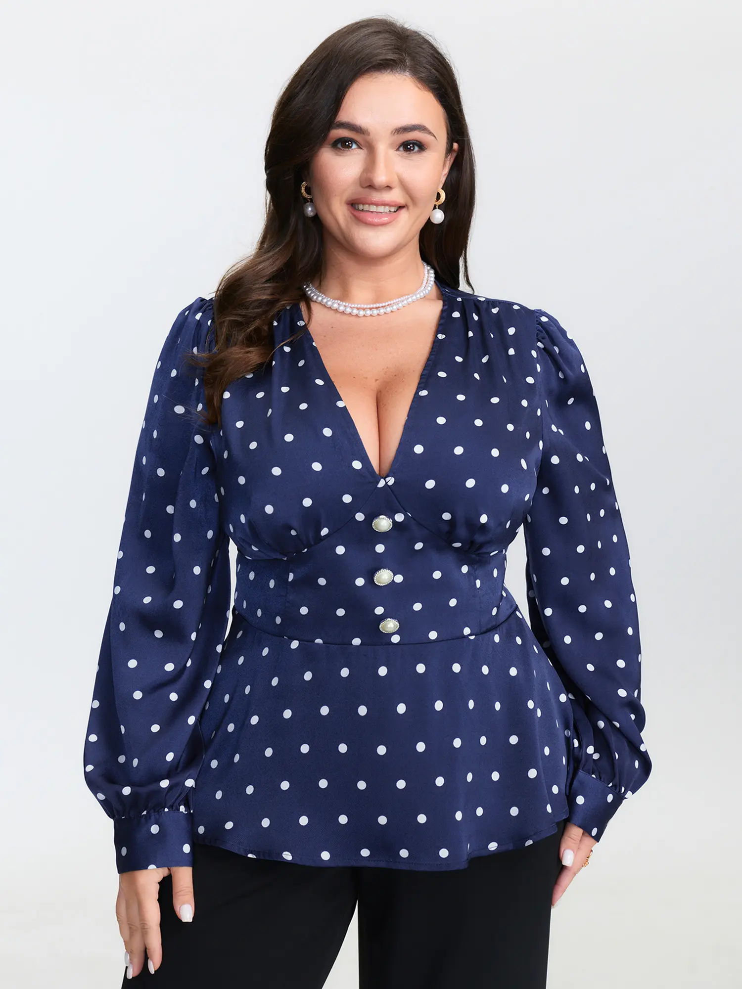 BloomChic Women's Plus Size Retro Polka Dot Blouse - Deep V-Neck Polyester Top with Long Lantern Sleeves & Cinched Waist, Shirts, Fabric, Garment, Style Inspo, Polka Dot Style, Blouse Top, Bloom Chic Blouses & Shirts