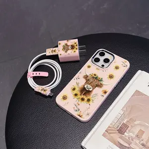 5 Piece Set Sunflower & Cow Phone Case, Charger Head Cover, Cable Protector, Storage Rope, Anti-Drop Tpu Case for iPhone 6-17 Pro Max