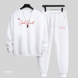God Built Signature Sweatsuit - White Long Sleeve Top & Jogger Pants Set with "God Built" Text Design