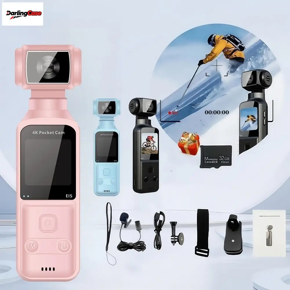 DarlingCase 4K Pocket Camera with Handheld Stabilizer 8-in-1 32GB Card 270° Manual Rotation for Vloggers Travel Gifts Pink Blue Black Compact Clip Len