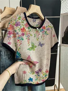 Butterfly Floral Print Round Neck Sweater, Casual Fitted Short Sleeve Knitwear for Spring Summer Fall, Comfortable Warm Women's Clothing