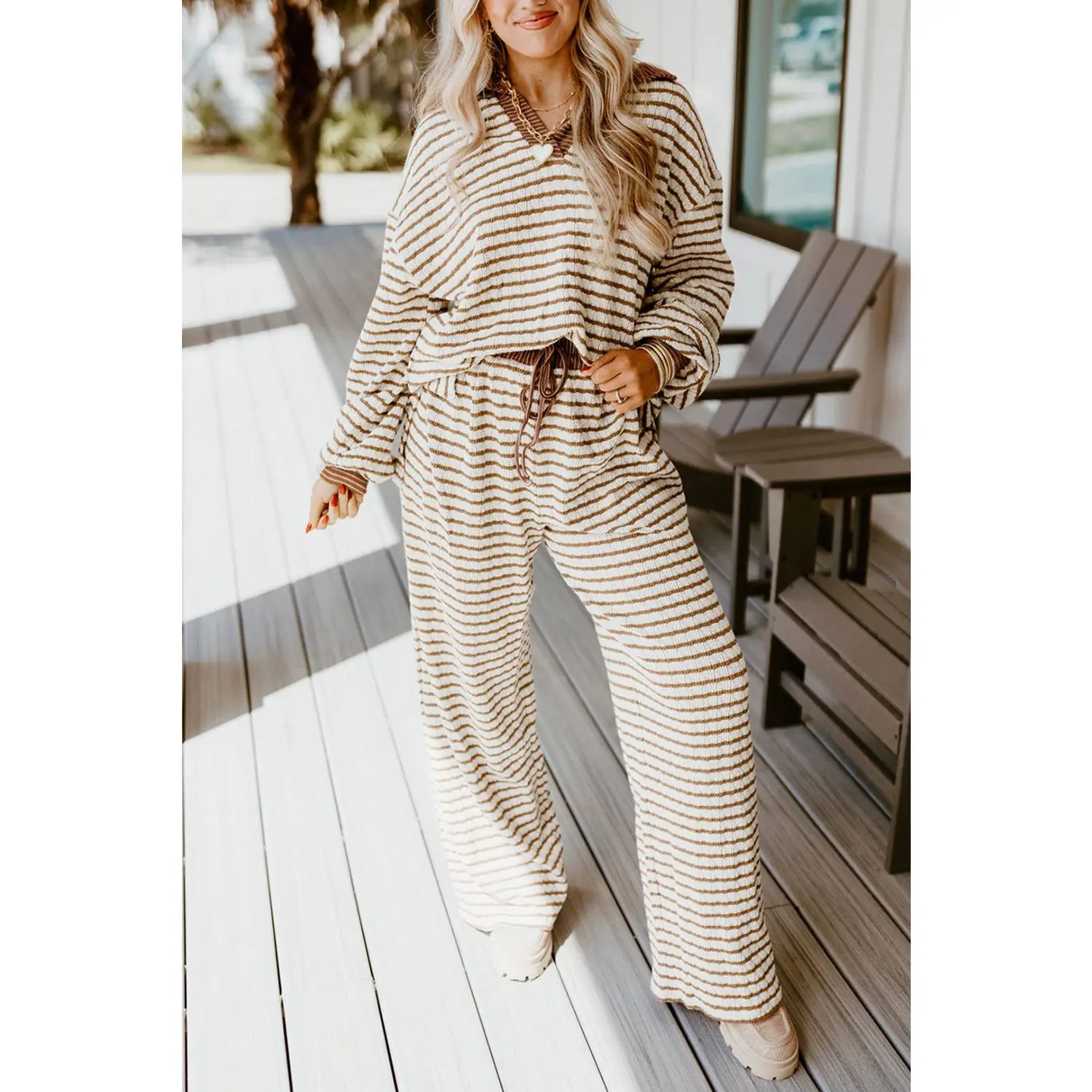 Khaki Stripe Textured Collared Pullover Top and Drawstring Pants Set - Fitted Long Sleeve Pullover with Drawstring Pants for Casual Everyday Wear