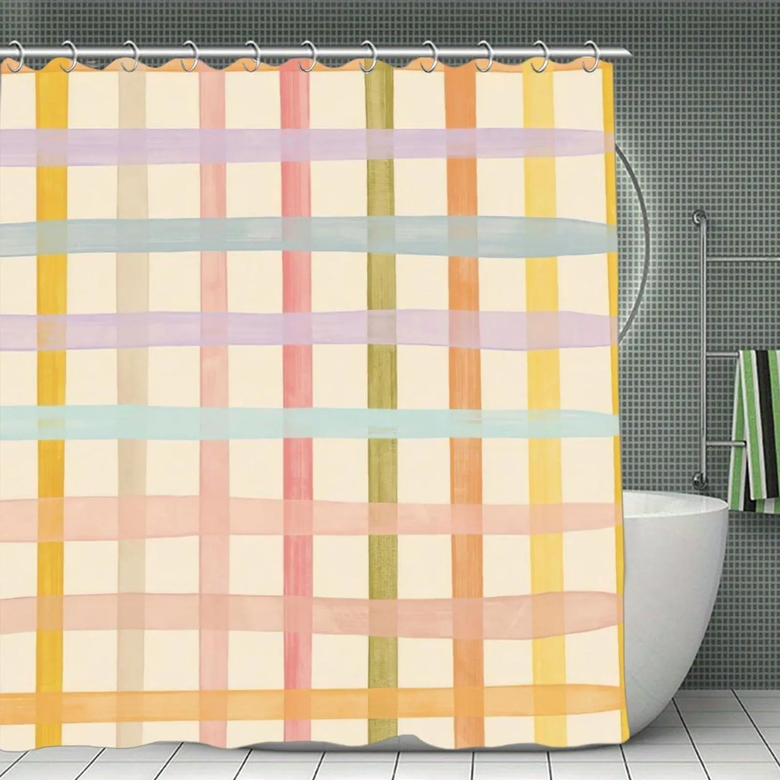 Pastel Watercolor Plaid Waterproof Shower Curtain with Plastic-Steel Hanging Hooks - Boho Color Bathroom Curtain for Bathtubs, Windows, Bathrooms, Shower Curtains, Boho Colors