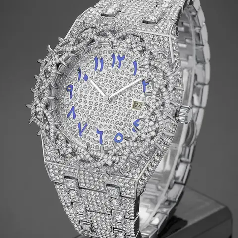 Unisex New Hip-Hop Style Quartz Watch, Fashion Wristwatches, Analog Wristwatch, Quartz Analog Timepiece, Rhinestone Strap & Full Iced-Out Large Dial, Unique Zirconia Design Wrist Watch, Party Gift for Men and Women, Fashionable Party Watch