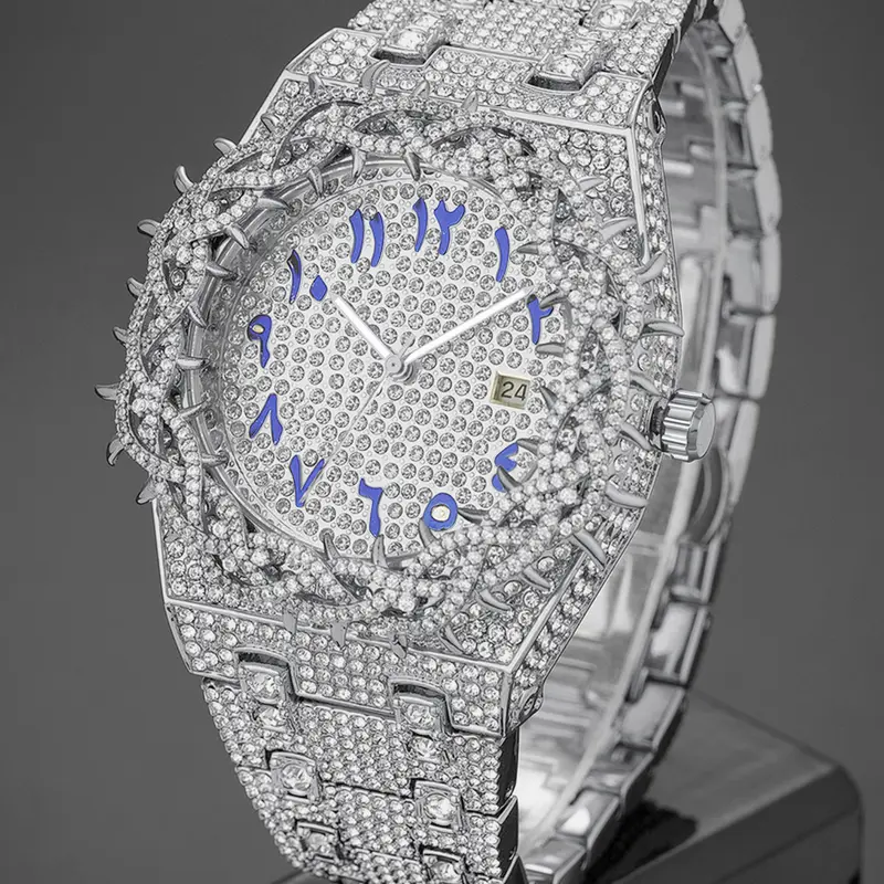 Unisex New Hip-Hop Style Quartz Watch, Fashion Wristwatches, Analog Wristwatch, Quartz Analog Timepiece, Rhinestone Strap & Full Iced-Out Large Dial, Unique Zirconia Design Wrist Watch, Party Gift for Men and Women, Fashionable Party Watch
