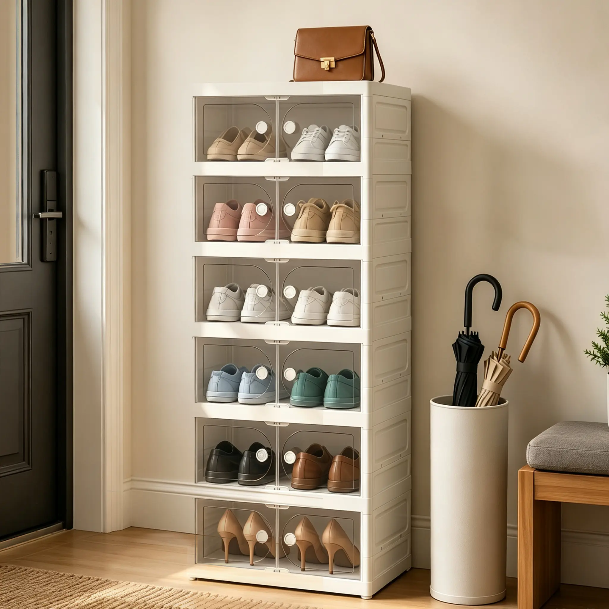 Lightweight Plastic Stackable Foldable Shoe Boxes with Double Doors, Space-Saving Home Organizer with Large Capacity, Box Packaging for Sneakers & All Shoes, Ideal for Entryway Bedroom Closet