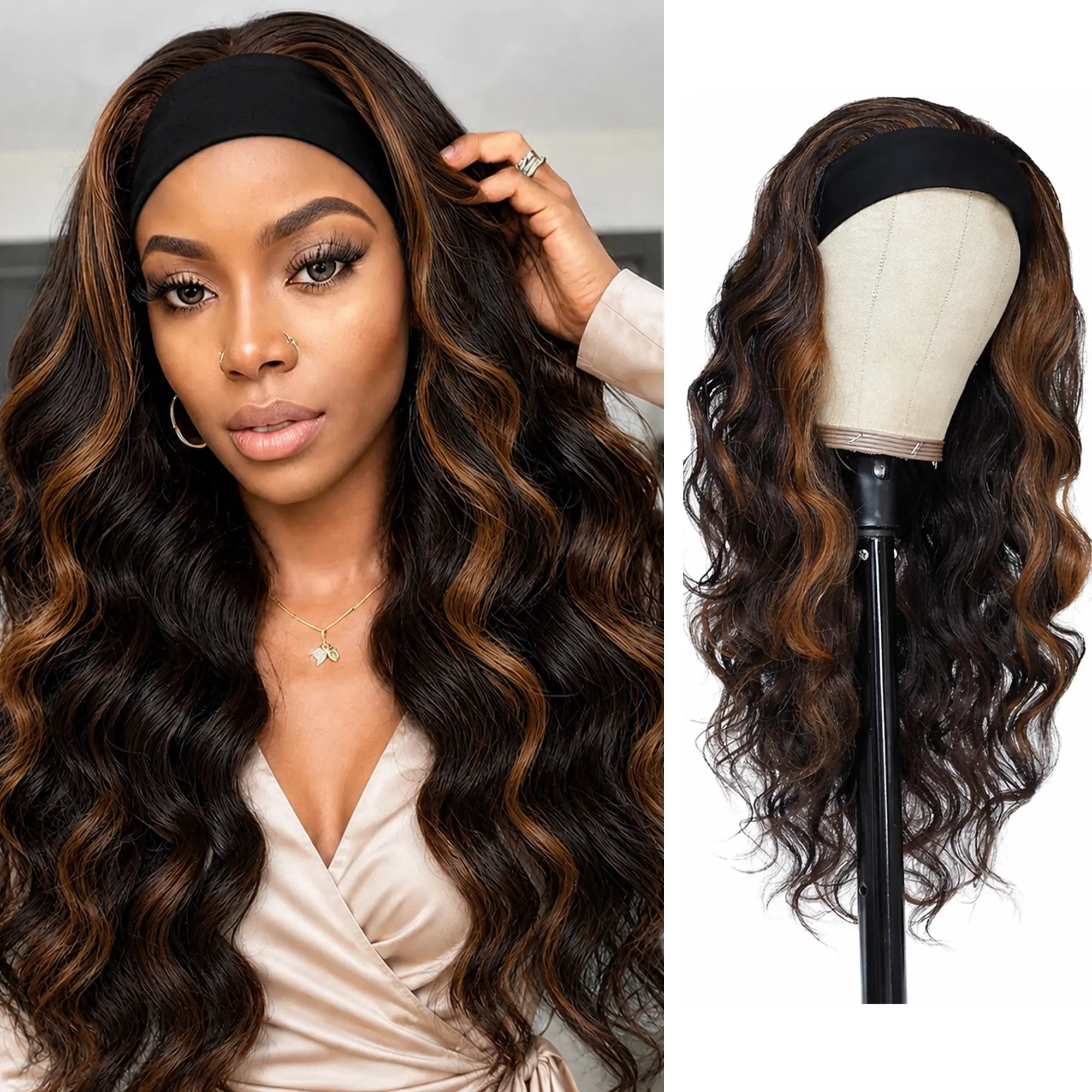 Long Body Wave Black Headband Wig Loose Body Wavy Headband Wig for Women - 26 Inch Thick Soft Synthetic Wear and Go Glueless Wigs Natural Looking Easy Wear Head Band Wigs No Glue Wig Hair Wig