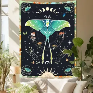Small Moth Tapestry Wall Hanging for Bedroom Aesthetic, Boho Retro Sun Moon Butterfly Tapestries, Black Luna Moth Sun Vintage Mushroom Poster for Living Room Dorm Decor (36"X48")