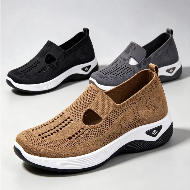 Women's Summer Fall Breathable Walking Shoes, Slip-On Flyknit Casual Sneakers, Cushioned Thick Sole, Lightweight Everyday Footwear for Shopping Park & Home Wear