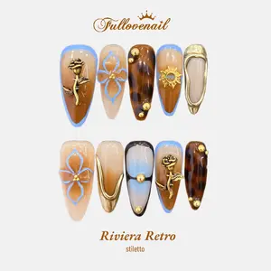 Fullovenail Stiletto 10 PCS Riviera Retro Handmade Press on Nail REUSABLE 3D Gel Fake Nails Acylic Press on Nail/Christmas Autumn Fall Winter Peret 2025