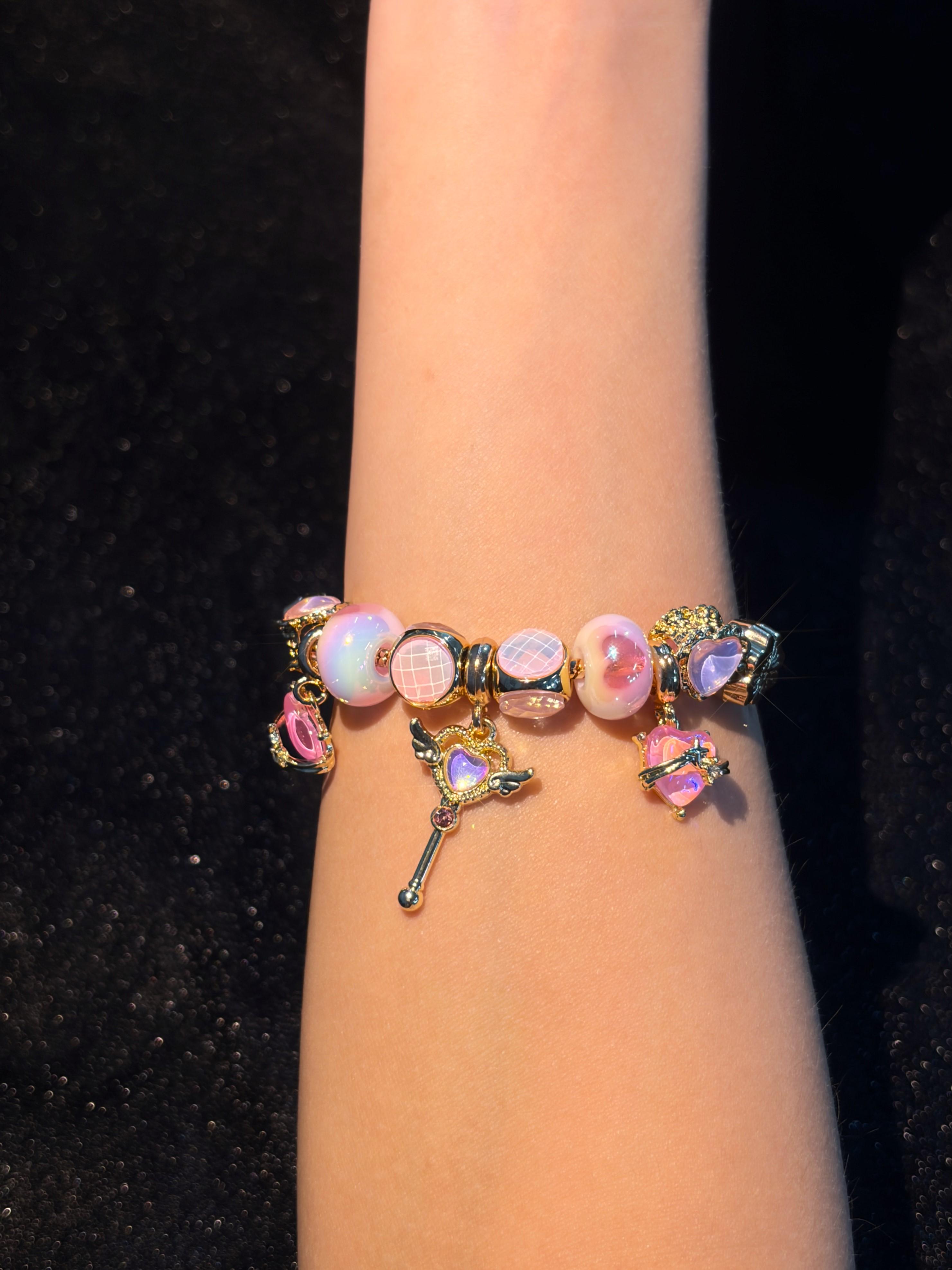 Women's Gold-Tone Magical Girl Snake Chain Bracelet, Adjustable Extension Chain, Enamel Magic Wand Heart Flower Dangle Pendants, Iridescent Pink-Orange Glass Beads, Stackable Costume Jewelry for Daily Party Gifting