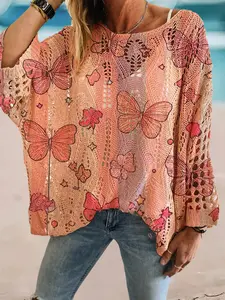Women's Spring Summer Knit Top, One Shoulder Hollow Out Batwing Sleeves, Butterfly Print, Loose Fit, Boho Style, Casual Elegance
