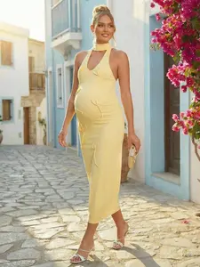 ELARA Pregnant Women Frock Botanical Accents Neck Strap Celebration Apparel Clean Girl Aesthetic