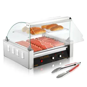 VEVOR Hot Dog Roller,  11 Rollers 30 Hot Dogs Capacity, 1650W Stainless Sausage Grill Cooker Machine with Dual Temp Control Glass Hood Acrylic Cover Bun Warmer Shelf Removable Drip Tray, ETL Certified