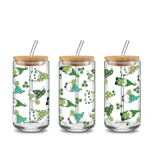 Cute St. Patrick's Day Gnome Shamrock Pattern 16oz Glass Can Cup with Lid and Straw,Ideal for Iced Coffee, Hot Chocolate, Juice, Smoothie, Stylish Festive Glassware, Perfect Gift for Coffee Lovers, Birthday, Housewarming, Friends & Family