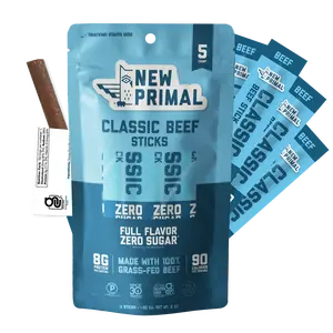 New Primal Grass Fed Beef Sticks, Keto, Gluten & Sugar Free Low Carb High Protein Healthy Snack, Paleo Whole30 Jerky Meat, 8g Protein, 90 Cal 5 ct