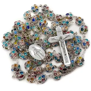 Colorful Zirconia Crystal Beads Rosary Silver Catholic Necklace with Miraculous Medal Cross Crucifix Multicolor Rosaries in Velvet Bag