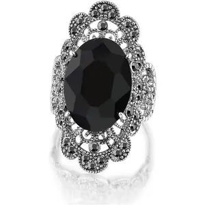 Retro Vintage Cocktail Statement Ring Black Marcasite & Crystal Rings for Women Antique Silver Big Black Onyx Stone Ring