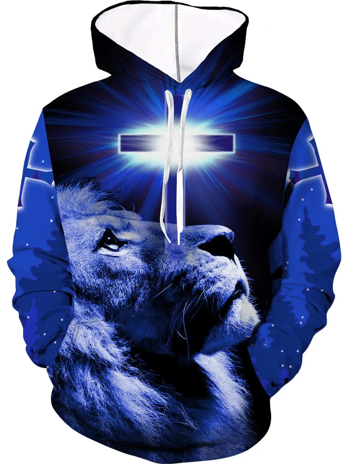 Men's Lion & Cross Print Drawstring Hoodie, Regular Fit Casual Pocket Hooded Sweatshirt Pullover, Men's Top for Daily Streetwear