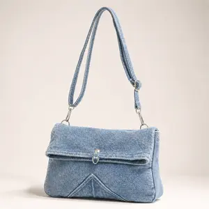 Trendy New Korean K-Style Denim Crossbody Bag for Women, Fashionable Versatile Casual Small Square Handbag, Aesthetic Minimalist Envelope Shoulder Purse, Chic Y2K Jean Flap Satchel, Social Media Viral Everyday Gift for Her