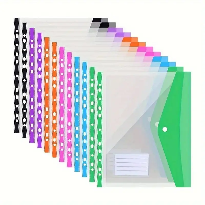 A4 Plastic File Folder, 6 Counts Expandable 11-hole Clip Pocket, Plastic Envelope Folder with Button & Label Bag, Plastic Folders, Office Supplies, Suitable for School, Home & Office