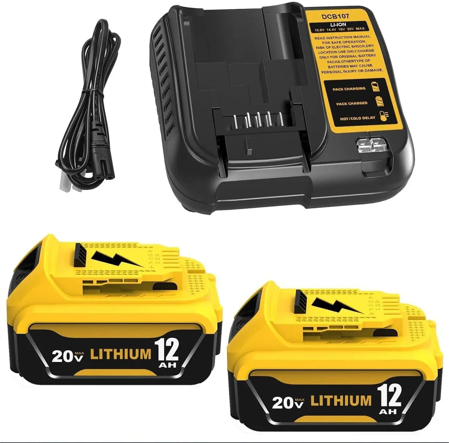 2-Pack 12.0Ah 20V MAX DCB206/DCB207 Replacement Lithium Batteries & DCB107 Charger Combo, High Capacity Battery Cordless Tool Accessories for Dewalt Power Tools, Compatible with DCB204/DCB200/201/203, Long-Lasting, with Manufacturer Warranty, 20V Max Batt