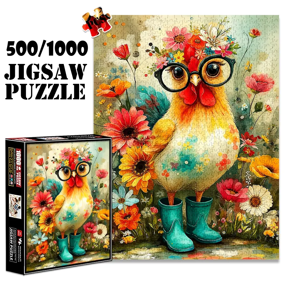 1pc 1000 piece adult puzzle 70x50cm Chicken with Floral Crown, Glasses and Teal Rain - Boots Surrounded by Flowers 500 pieces paper jigsaw puzzle Art Puzzles Gift suitable for DIY creative games for adults and fam Puzzle Art Gift