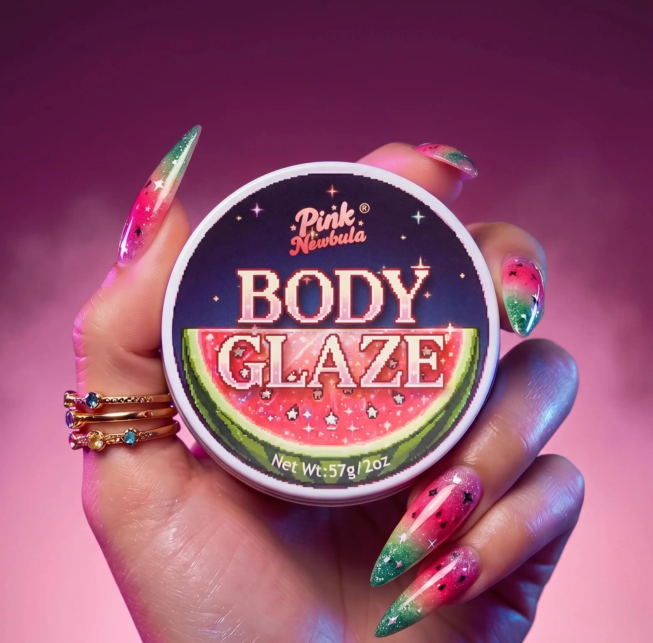 PinkNewbula Watermelon Glaze, Intense Shimmer Body Luminizer for an Oily Glow, Non-Sticky Formula with Skincare Oils, 57g, All Seasons